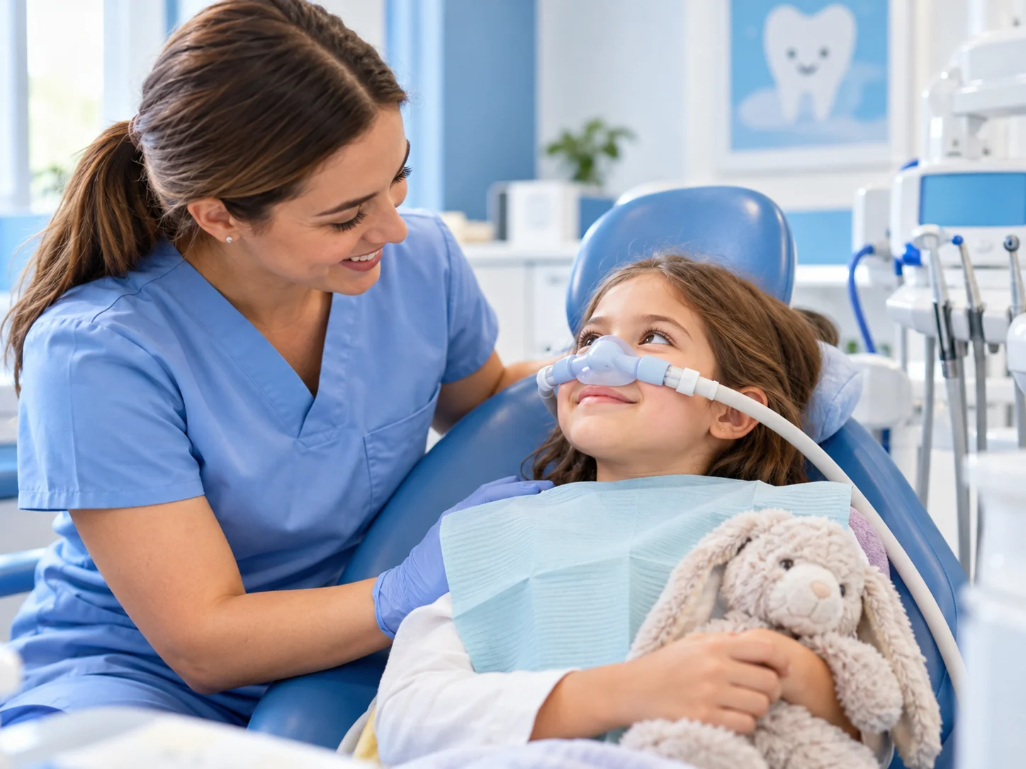 Lady dentist comforting a calm child wearing a conscious sedation mask